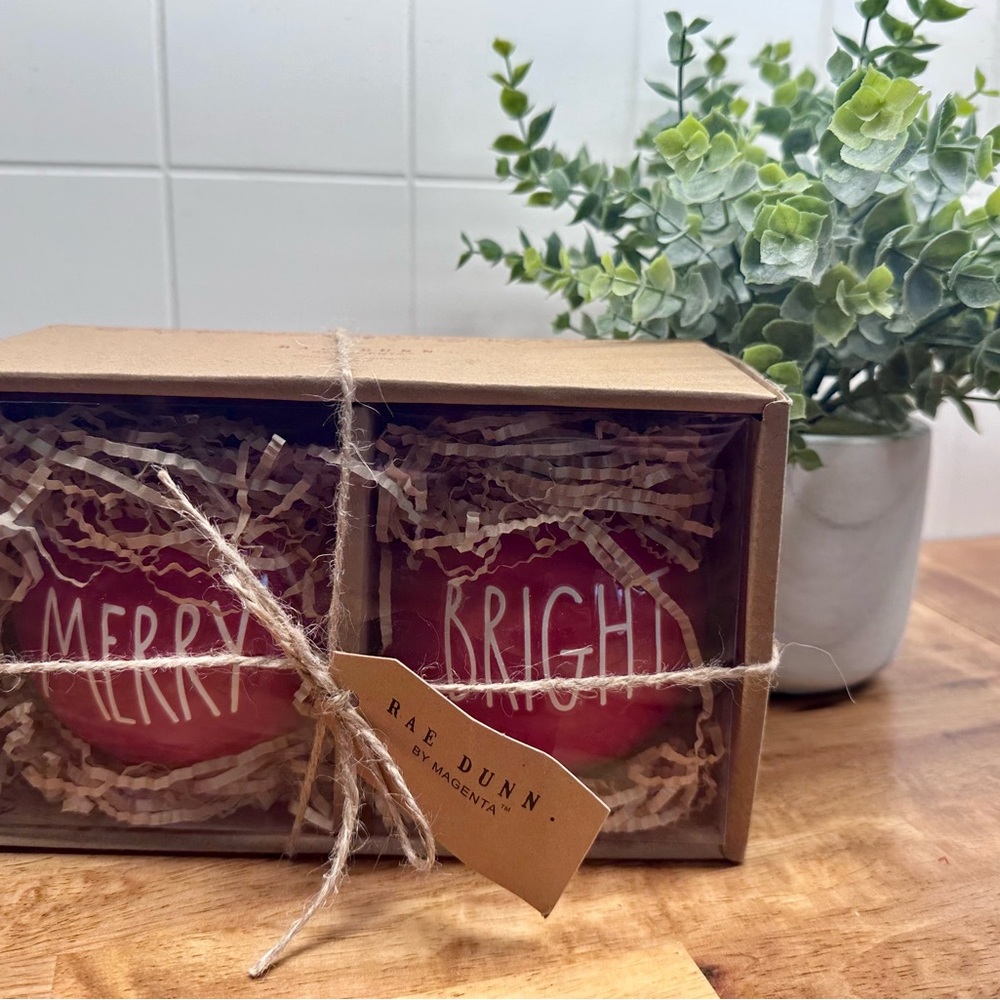 Rae Dunn Red Holiday Ornament Duo - "Merry" & "Bright" Ball Set